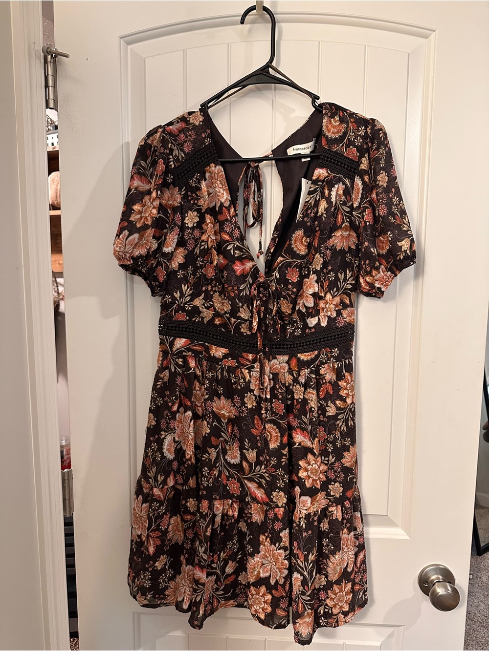 Francesca's Collections Floral Tie-Front Mini Dress in Black and Brown